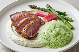 Duck breast sous-vide, celery puree, and sorrel foam