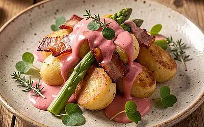 Pan-fried gnocchi with bacon, asparagus, and rhubarb sauce