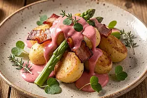 Pan-fried gnocchi with bacon, asparagus, and rhubarb sauce