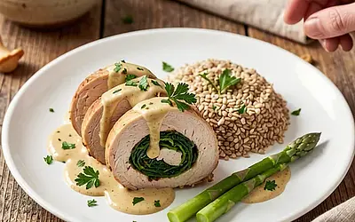 Turkey roll stuffed with spinach and sorrel, chanterelle sauce
