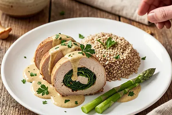 Rolada z indyka nadziewana szpinakiem i szczawiem, sos kurek