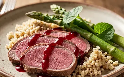 Venison steak with rhubarb reduction and buckwheat groats
