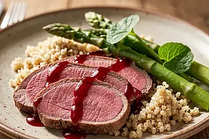 Venison steak with rhubarb reduction and buckwheat groats