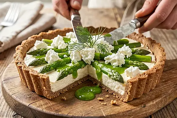 Tarta na cieście żytnim ze szparagami, kozim serem i sosem szczawiowym