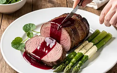 Beef tenderloin in rhubarb-red wine sauce, al dente asparagus