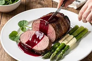 Beef tenderloin in rhubarb-red wine sauce, al dente asparagus