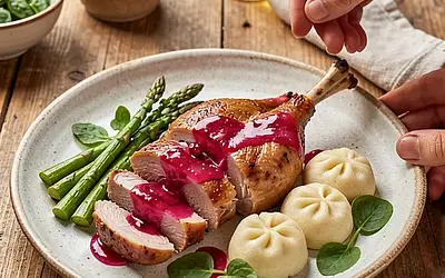 Rabbit roast with rhubarb and cranberry, Silesian dumplings