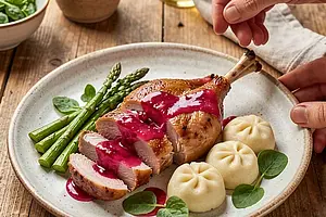 Rabbit roast with rhubarb and cranberry, Silesian dumplings
