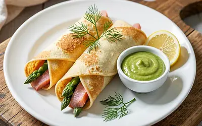 Savory pancakes with smoked trout, asparagus, and sorrel cream