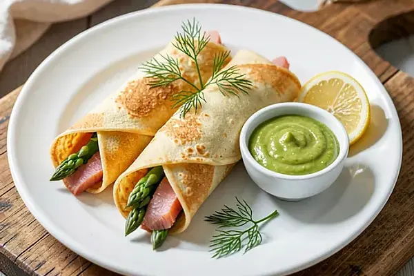 Naleśniki słone z wędzonym pstrągiem, szparagami i kremem ze szczawiu