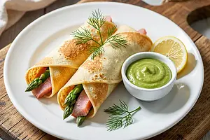 Savory pancakes with smoked trout, asparagus, and sorrel cream