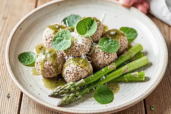 Kluski gryczane z masłem szałwiowym i młodymi szparagami