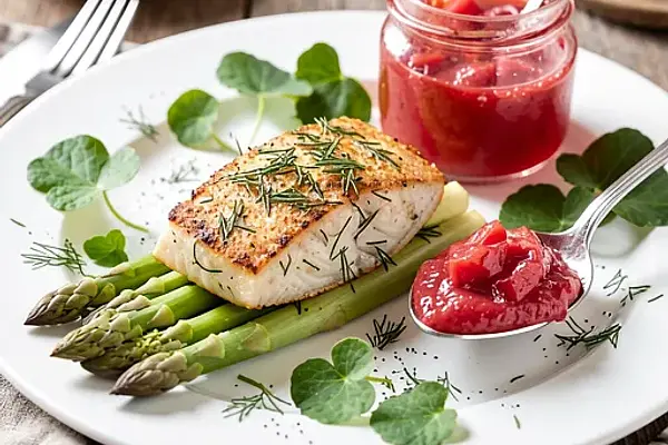 Polędwiczka z dorsza w panierce z koperku, podana z chutney z rabarbaru