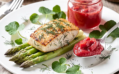 Polędwiczka z dorsza w panierce z koperku, podana z chutney z rabarbaru