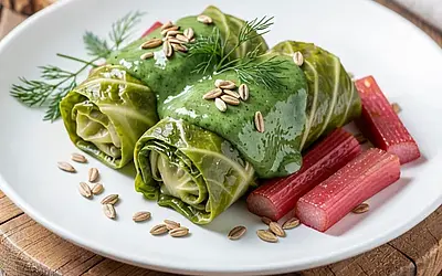Vegetable cabbage rolls with young vegetables and sorrel cream