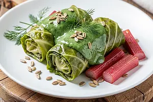 Vegetable cabbage rolls with young vegetables and sorrel cream