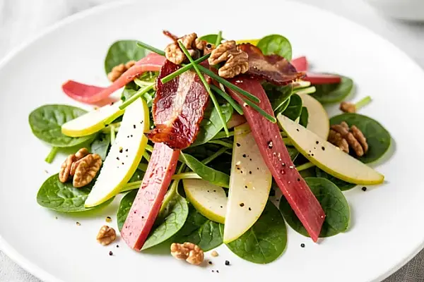 Szczaw z jabłkiem i wędzonym boczkiem na młodych liściach sałaty