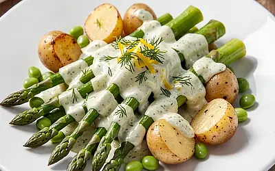 Szparagi, świeży bób i pieczone młode ziemniaki z dressingiem chrzanowo-cytrynowym