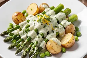 Asparagus, fresh broad beans, and roasted young potatoes with a horseradish-lemon dressing