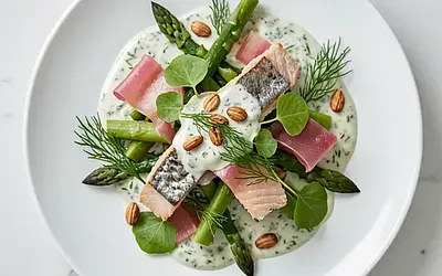 Smoked trout salad with asparagus and sorrel with dill sauce