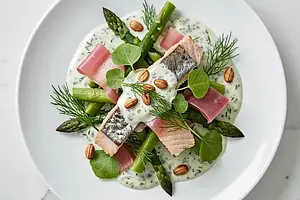 Smoked trout salad with asparagus and sorrel with dill sauce