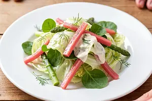 Sorrel and young cabbage with pickled rhubarb and dill
