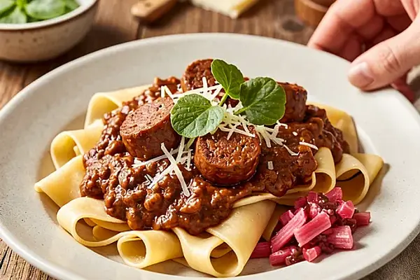 Tagliatelle al ragù z polską kiełbasą i rabarbarowym chutney