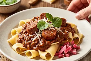 Tagliatelle with ragù made from Polish sausage and rhubarb chutney