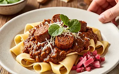 Tagliatelle with ragù made from Polish sausage and rhubarb chutney