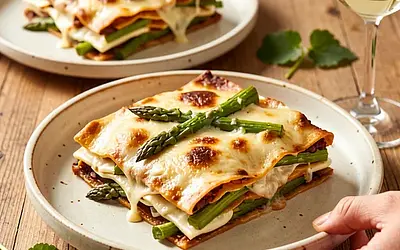 Lasagna with Braised Asparagus, Oscypek, and a Hint of Béchamel