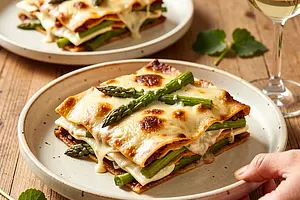 Lasagne z duszonymi szparagami, oscypkiem i beszamelową nutą