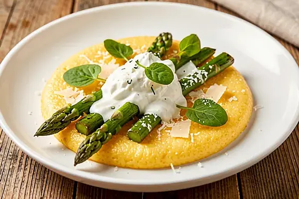 Polenta z pieczonymi szparagami i sosem chrzanowo-mascarpone