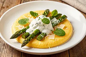 Polenta with Roasted Asparagus and Horseradish-Mascarpone Sauce