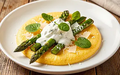 Polenta z pieczonymi szparagami i sosem chrzanowo-mascarpone
