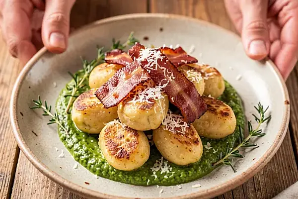 Gnocchi serowe podsmażane z boczkiem i szczawiowym pesto