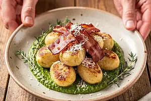 Cheese Gnocchi Sautéed with Bacon and Sorrel Pesto