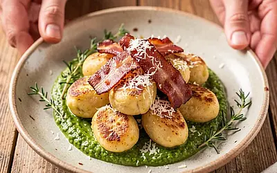 Cheese Gnocchi Sautéed with Bacon and Sorrel Pesto