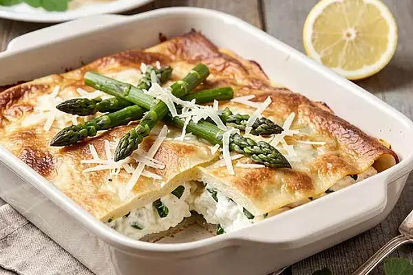 Crespelle zapiekane ze szparagami, ricottą i koperkową śmietaną