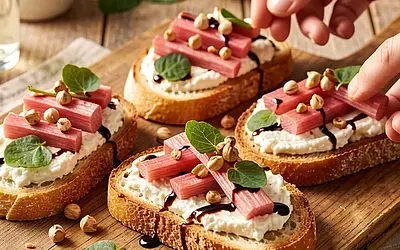 Bruschetta with rhubarb, goat cheese, and toasted hazelnuts