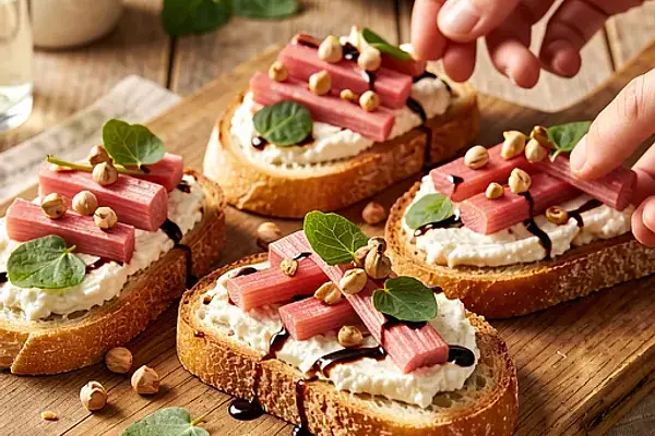 Bruschetta z rabarbarem, kozim serem i prażonymi orzechami laskowymi