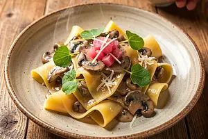Pappardelle with mushroom ragù and a rhubarb accent
