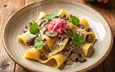 Pappardelle with mushroom ragù and a rhubarb accent