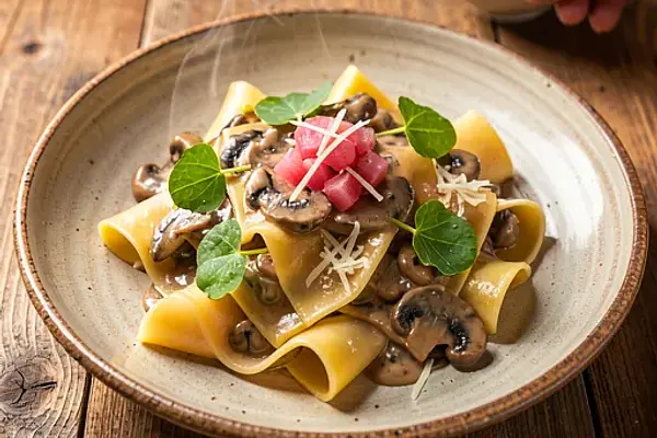 Pappardelle z grzybowym ragù i rabarbarowym akcentem