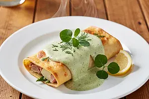Cannelloni with Potatoes and Smoked Trout, Asparagus Velouté