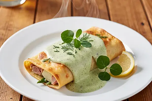 Cannelloni z ziemniakami i wędzonym pstrągiem, szparagowy velouté