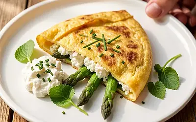 Baked frittata with young asparagus and cottage cheese