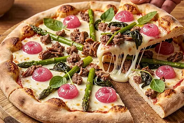 Pizza rustica z szarpaną kiełbasą, szczawiem i karmelizowanym rabarbarem