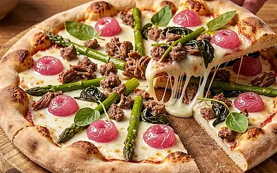 Rustic pizza with pulled sausage, sorrel, and caramelized rhubarb