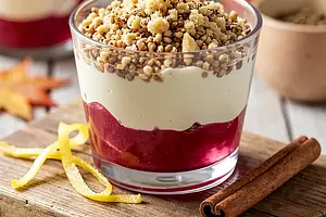 Rhubarb and Mascarpone Cream under Buckwheat Crumble