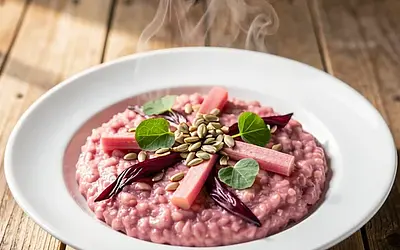 Risotto with radicchio, rhubarb, and roasted sunflower seeds